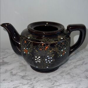 Vintage Japanese Moriage Redware Elegant Floral Black Teapot
